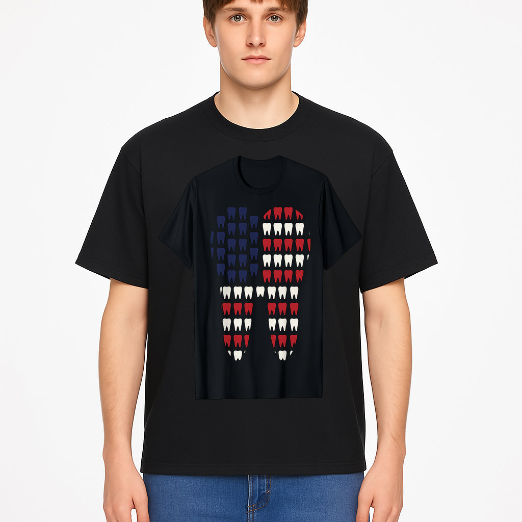 Patriotic Dental Themed T-Shirt with Tooth Pattern, Funny Dentist Humor Shirt, Unisex Fourth of July Graphic Tee - T-shirt 1758250098838.jpg