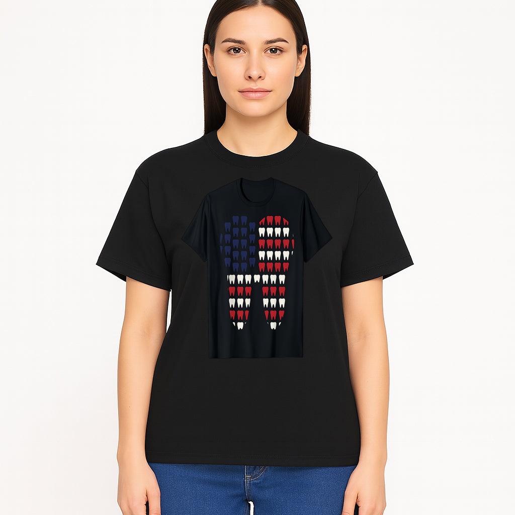 Patriotic Dental Themed T-Shirt with Tooth Pattern, Funny Dentist Humor Shirt, Unisex Fourth of July Graphic Tee - T-shirt 1758250098989.jpg