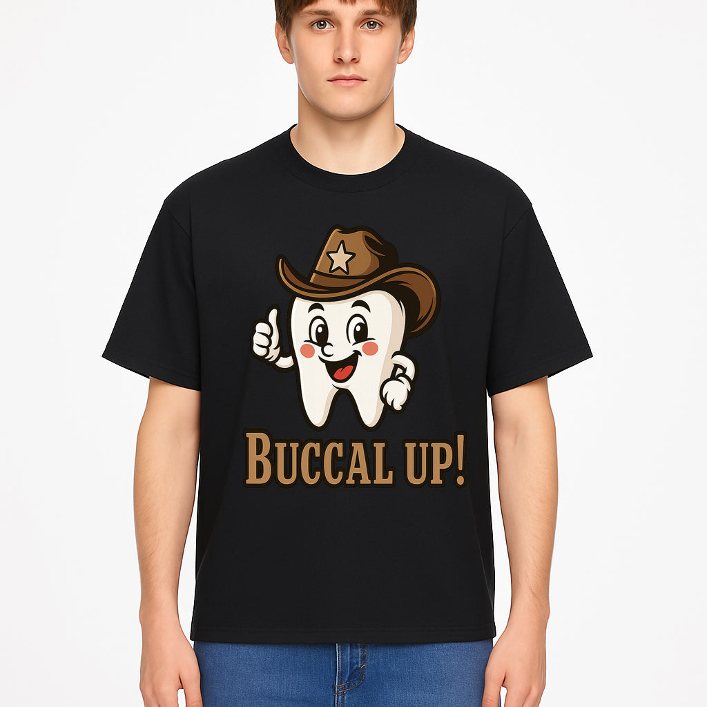 Cowboy Tooth Graphic Tee - Buccal Up! - Fun Dental Humor Shirt for Kids and Adults - Western Theme Dental Care Apparel - T-shirt 1758250100507.jpg