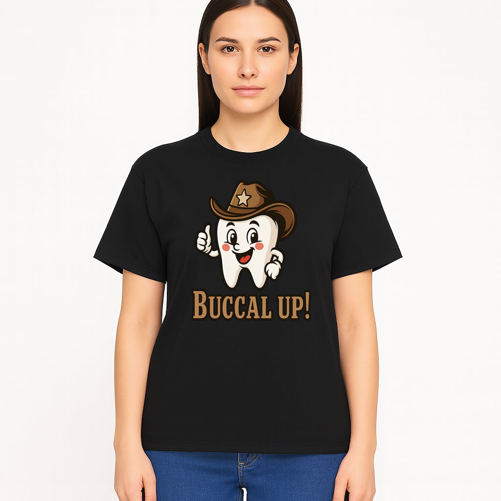 Cowboy Tooth Graphic Tee - Buccal Up! - Fun Dental Humor Shirt for Kids and Adults - Western Theme Dental Care Apparel - T-shirt 1758250100654.jpg