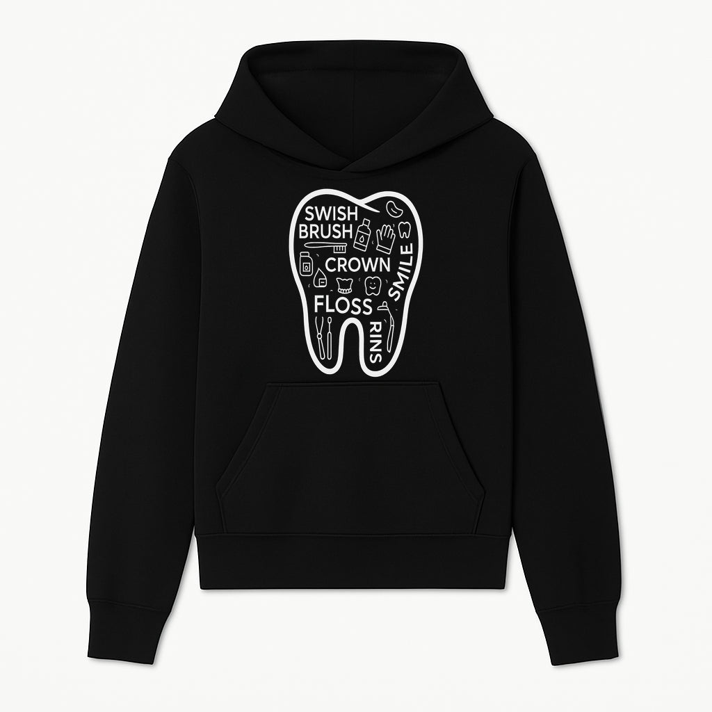Dental Hygiene and Care Graphic Art Print - Tooth Icon with Swish, Brush, Floss, Crown, Smile Themes for Kids & Adults - Hoodie 1758250101498.jpg