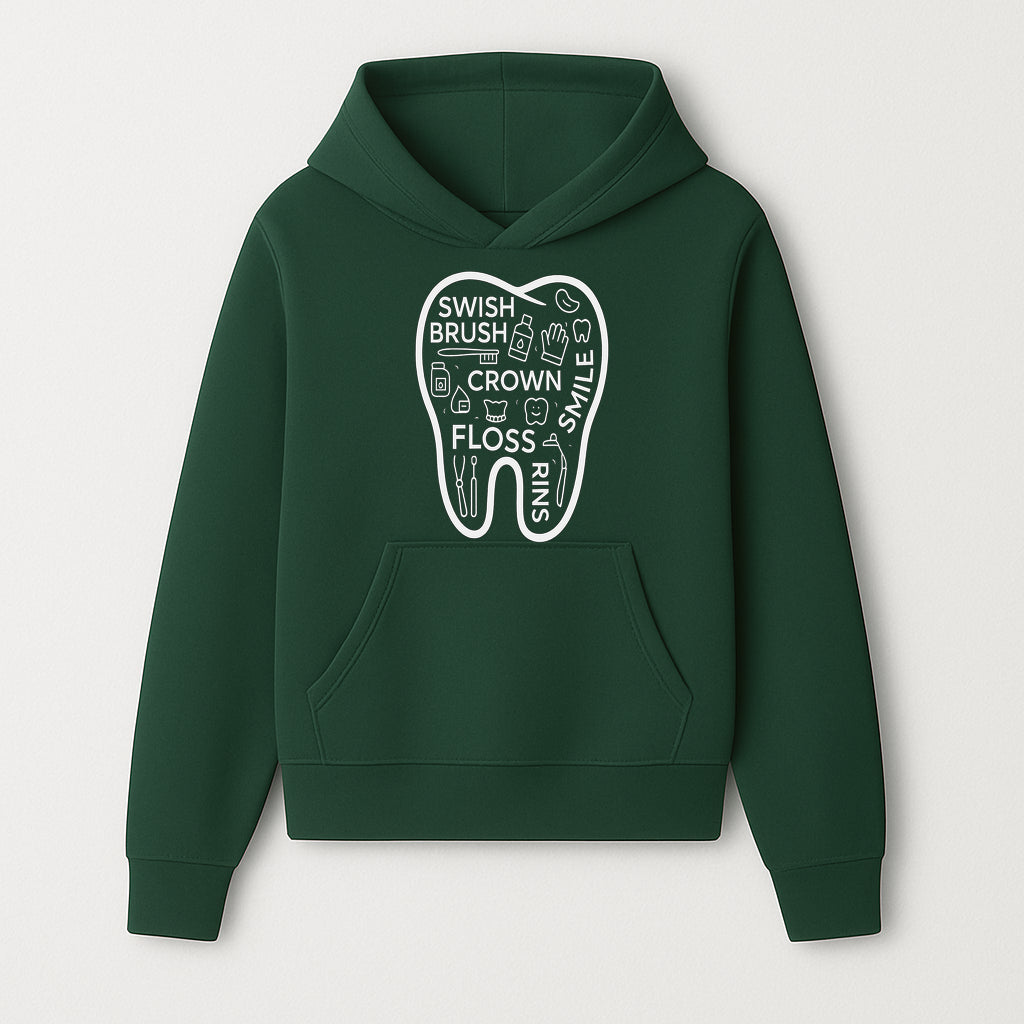 Dental Hygiene and Care Graphic Art Print - Tooth Icon with Swish, Brush, Floss, Crown, Smile Themes for Kids & Adults - Hoodie 1758250101814.jpg