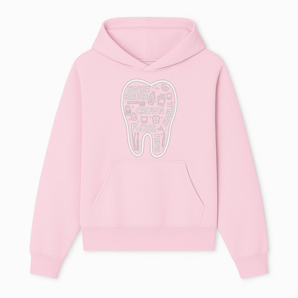 Dental Hygiene and Care Graphic Art Print - Tooth Icon with Swish, Brush, Floss, Crown, Smile Themes for Kids & Adults - Hoodie 1758250102243.jpg
