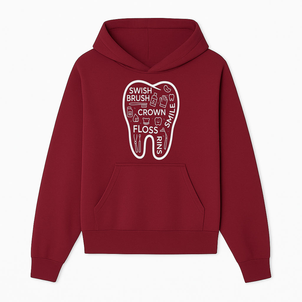 Dental Hygiene and Care Graphic Art Print - Tooth Icon with Swish, Brush, Floss, Crown, Smile Themes for Kids & Adults - Hoodie 1758250102429.jpg