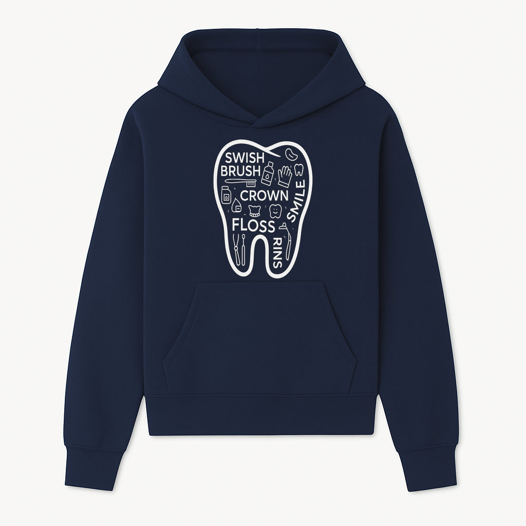 Dental Hygiene and Care Graphic Art Print - Tooth Icon with Swish, Brush, Floss, Crown, Smile Themes for Kids & Adults - Hoodie 1758250102572.jpg