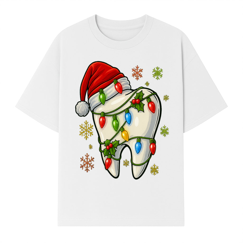 Christmas Tooth Ornament with Santa Hat and Colorful Lights Fun Holiday Decor for Dental Themed Gifts and Decorations. - T-shirt 1758250102580.jpg