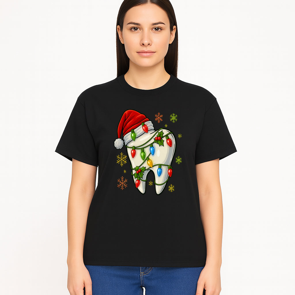 Christmas Tooth Ornament with Santa Hat and Colorful Lights Fun Holiday Decor for Dental Themed Gifts and Decorations. - T-shirt 1758250103843.jpg