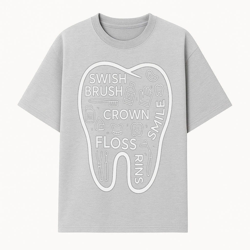 Dental Hygiene and Care Graphic Art Print - Tooth Icon with Swish, Brush, Floss, Crown, Smile Themes for Kids & Adults - T-shirt 1758250104540.jpg