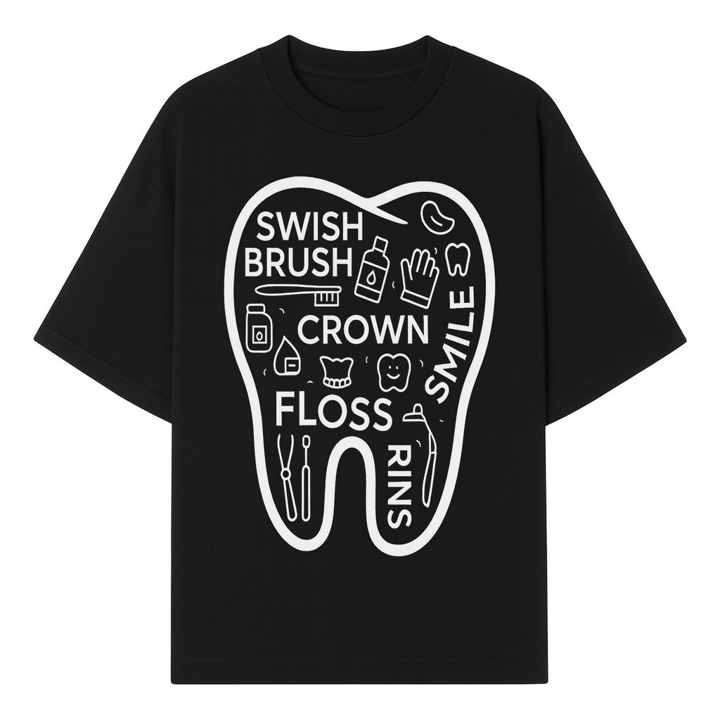 Dental Hygiene and Care Graphic Art Print - Tooth Icon with Swish, Brush, Floss, Crown, Smile Themes for Kids & Adults - T-shirt 1758250104715.jpg