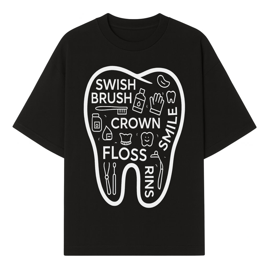 Dental Hygiene and Care Graphic Art Print - Tooth Icon with Swish, Brush, Floss, Crown, Smile Themes for Kids & Adults - T-shirt 1758250104715.jpg