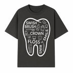 Dental Hygiene and Care Graphic Art Print - Tooth Icon with Swish, Brush, Floss, Crown, Smile Themes for Kids & Adults - T-shirt 1758250104858.jpg