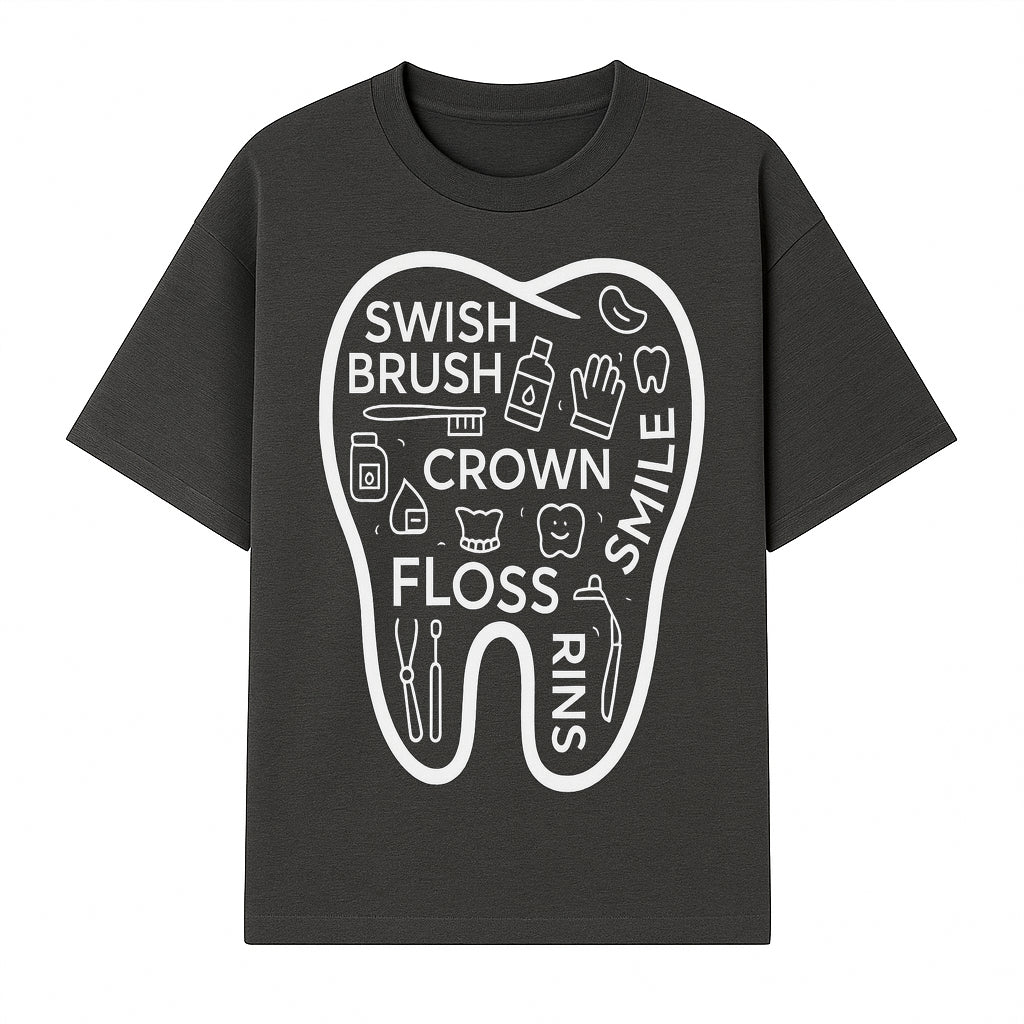 Dental Hygiene and Care Graphic Art Print - Tooth Icon with Swish, Brush, Floss, Crown, Smile Themes for Kids & Adults - T-shirt 1758250104858.jpg