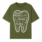 Dental Hygiene and Care Graphic Art Print - Tooth Icon with Swish, Brush, Floss, Crown, Smile Themes for Kids & Adults - T-shirt 1758250105027.jpg