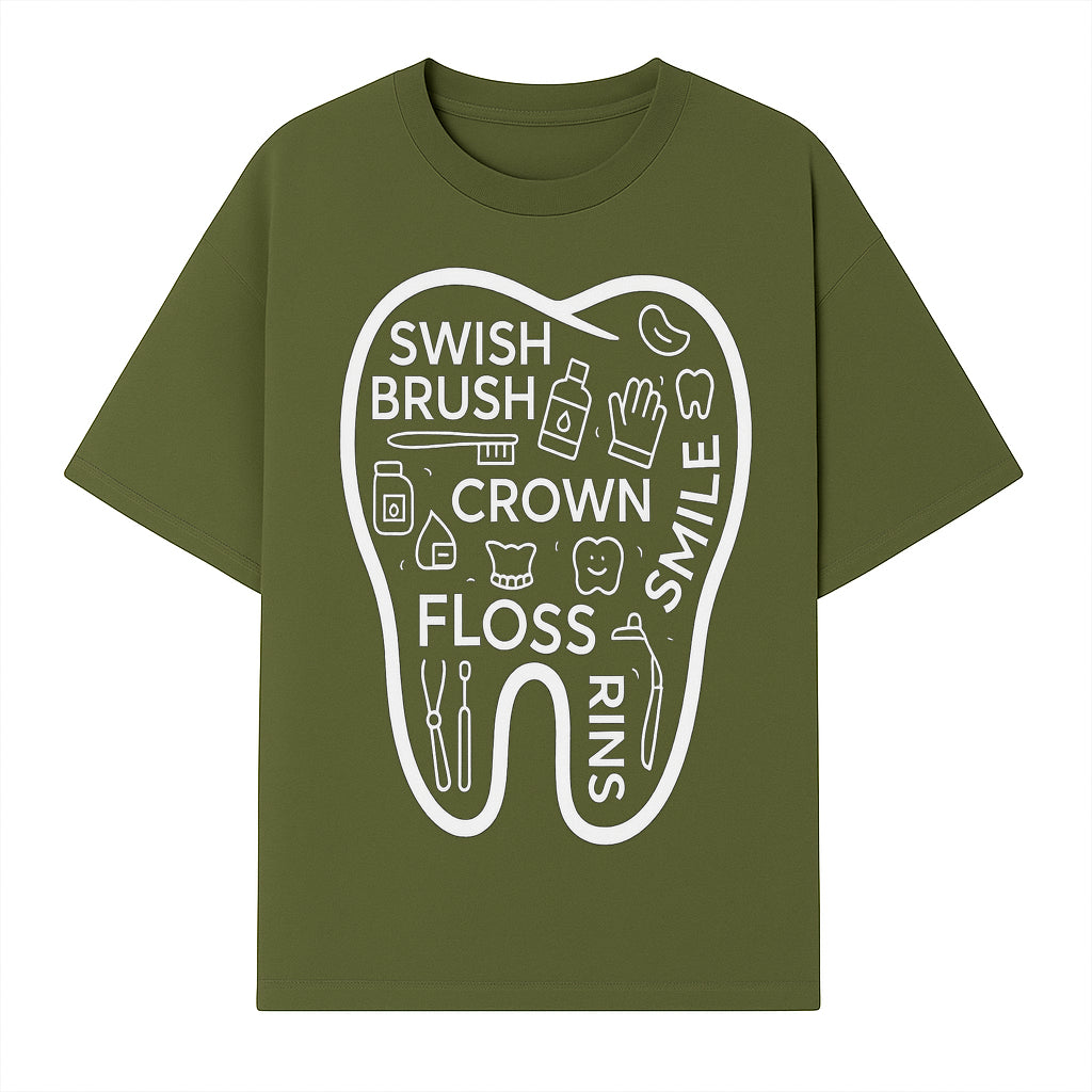 Dental Hygiene and Care Graphic Art Print - Tooth Icon with Swish, Brush, Floss, Crown, Smile Themes for Kids & Adults - T-shirt 1758250105027.jpg