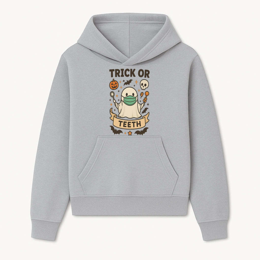 Trick or Teeth Ghost Halloween T-Shirt | Cute Spooky Design | Pumpkin & Skull Graphics | Perfect for Kids and Adults - Hoodie 1758250105082.jpg