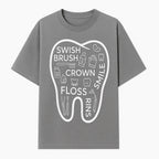 Dental Hygiene and Care Graphic Art Print - Tooth Icon with Swish, Brush, Floss, Crown, Smile Themes for Kids & Adults - T-shirt 1758250105184.jpg