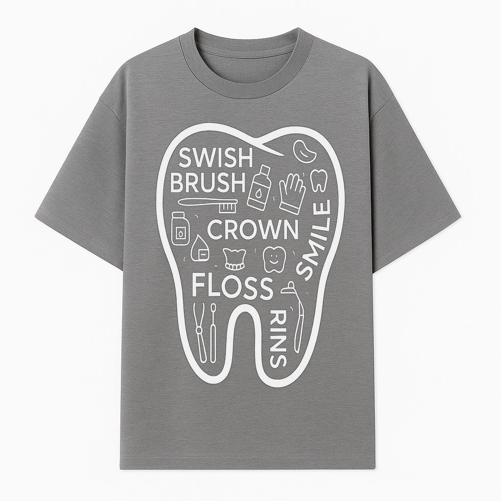 Dental Hygiene and Care Graphic Art Print - Tooth Icon with Swish, Brush, Floss, Crown, Smile Themes for Kids & Adults - T-shirt 1758250105184.jpg