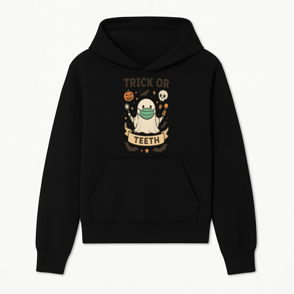 Trick or Teeth Ghost Halloween T-Shirt | Cute Spooky Design | Pumpkin & Skull Graphics | Perfect for Kids and Adults - Hoodie 1758250105230.jpg