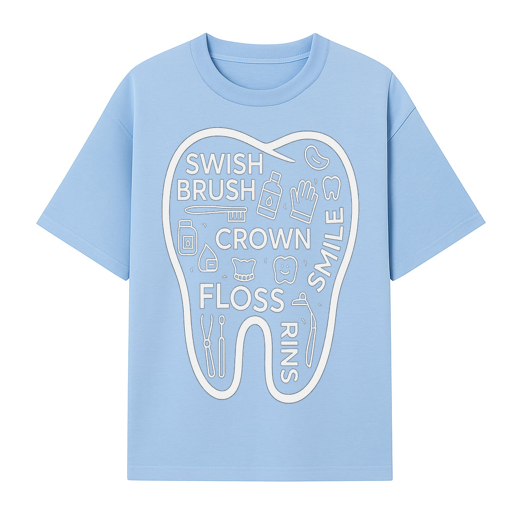 Dental Hygiene and Care Graphic Art Print - Tooth Icon with Swish, Brush, Floss, Crown, Smile Themes for Kids & Adults - T-shirt 1758250105361.jpg