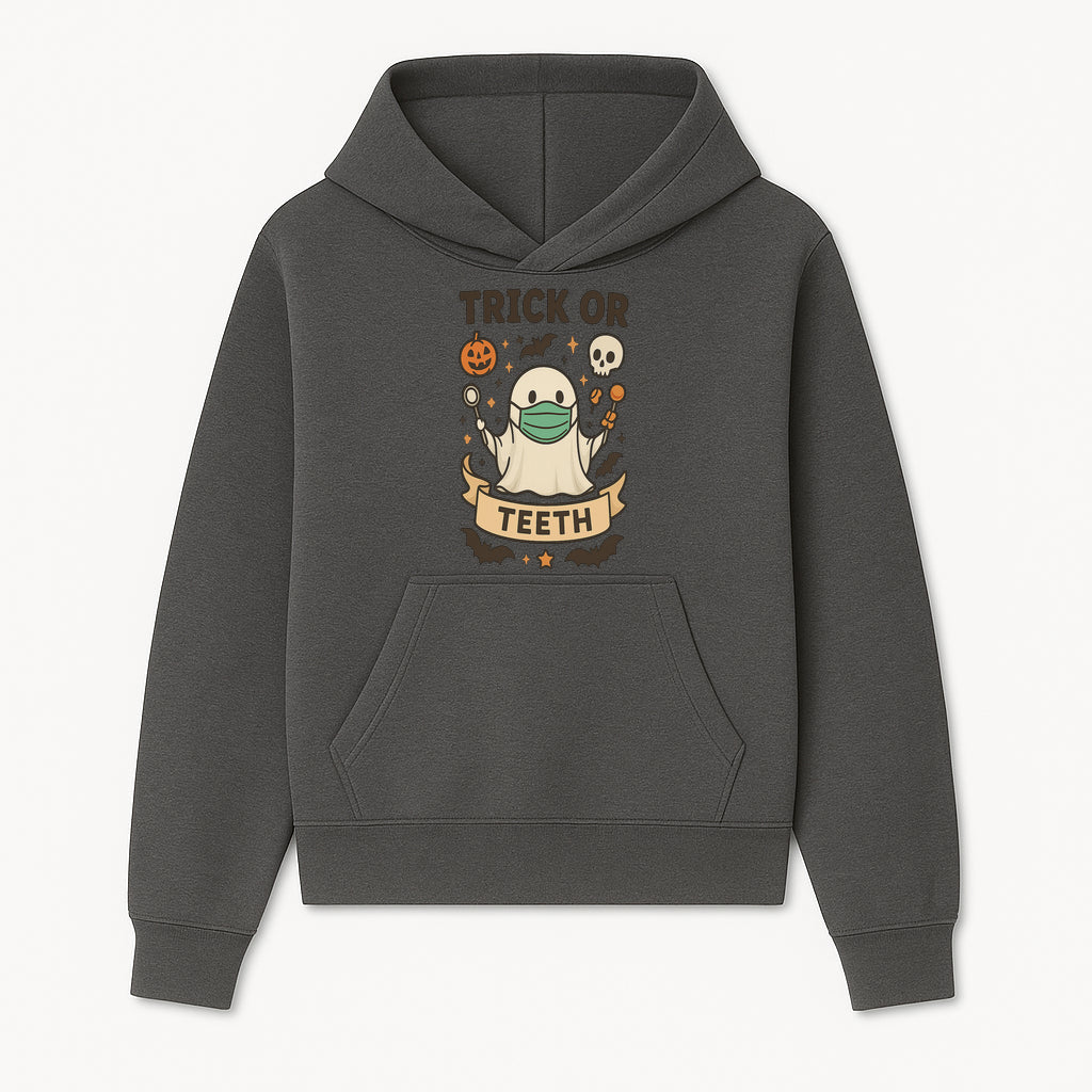 Trick or Teeth Ghost Halloween T-Shirt | Cute Spooky Design | Pumpkin & Skull Graphics | Perfect for Kids and Adults - Hoodie 1758250105393.jpg