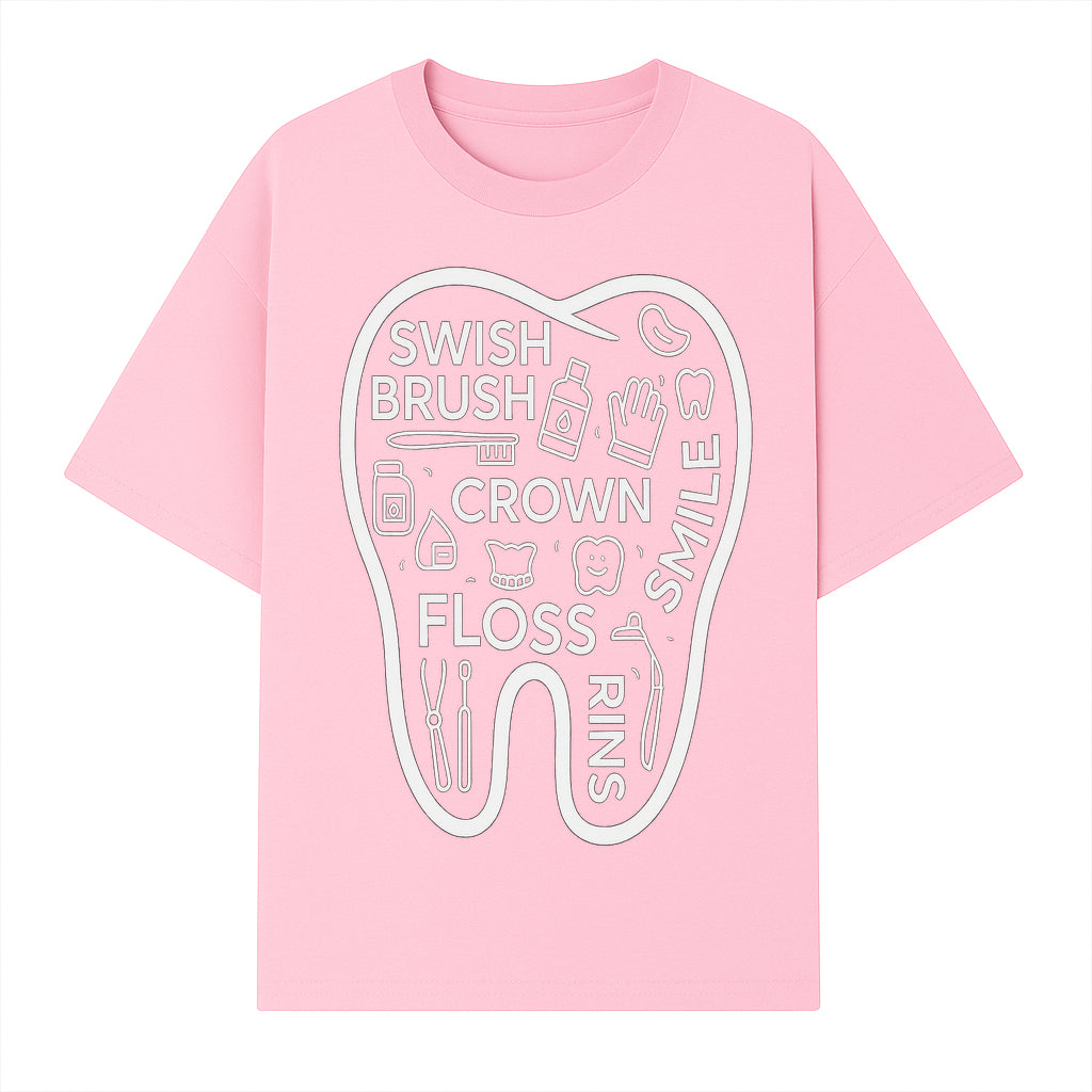 Dental Hygiene and Care Graphic Art Print - Tooth Icon with Swish, Brush, Floss, Crown, Smile Themes for Kids & Adults - T-shirt 1758250105498.jpg