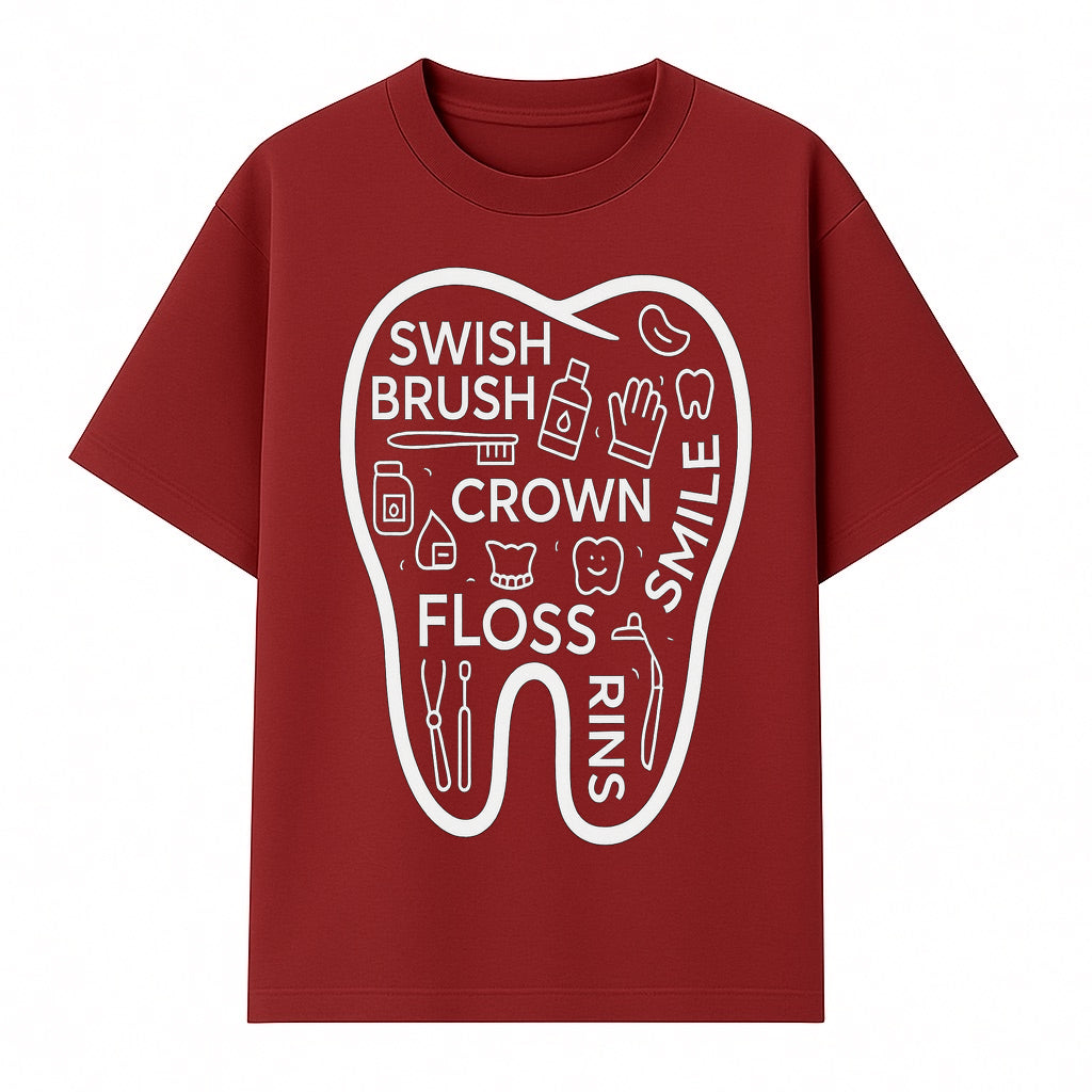 Dental Hygiene and Care Graphic Art Print - Tooth Icon with Swish, Brush, Floss, Crown, Smile Themes for Kids & Adults - T-shirt 1758250105650.jpg