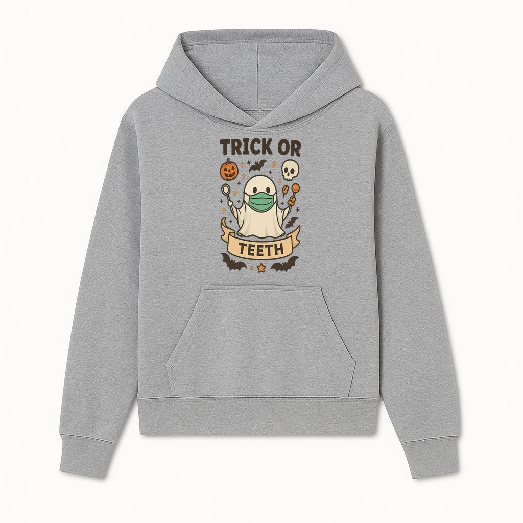 Trick or Teeth Ghost Halloween T-Shirt | Cute Spooky Design | Pumpkin & Skull Graphics | Perfect for Kids and Adults - Hoodie 1758250105734.jpg