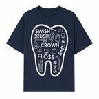 Dental Hygiene and Care Graphic Art Print - Tooth Icon with Swish, Brush, Floss, Crown, Smile Themes for Kids & Adults - T-shirt 1758250105800.jpg