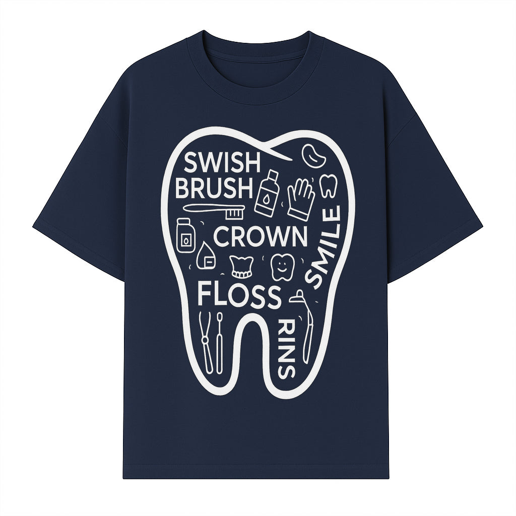 Dental Hygiene and Care Graphic Art Print - Tooth Icon with Swish, Brush, Floss, Crown, Smile Themes for Kids & Adults - T-shirt 1758250105800.jpg