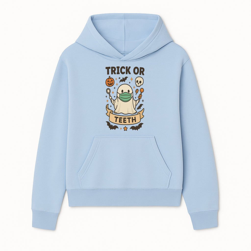 Trick or Teeth Ghost Halloween T-Shirt | Cute Spooky Design | Pumpkin & Skull Graphics | Perfect for Kids and Adults - Hoodie 1758250105895.jpg
