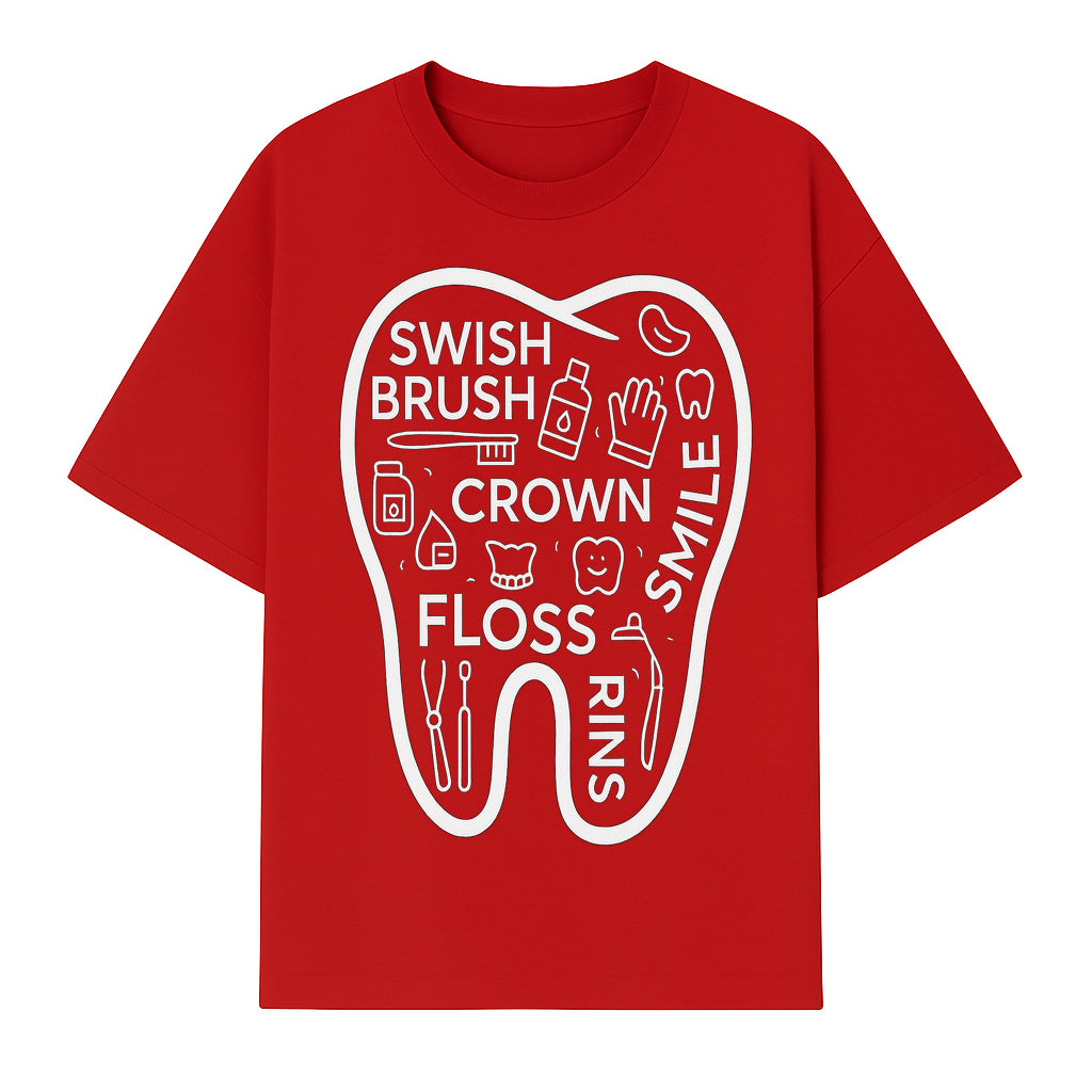 Dental Hygiene and Care Graphic Art Print - Tooth Icon with Swish, Brush, Floss, Crown, Smile Themes for Kids & Adults - T-shirt 1758250105945.jpg