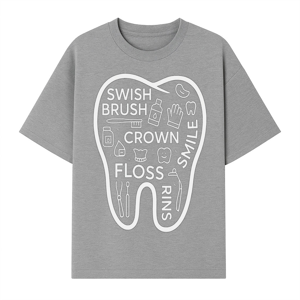Dental Hygiene and Care Graphic Art Print - Tooth Icon with Swish, Brush, Floss, Crown, Smile Themes for Kids & Adults - T-shirt 1758250106088.jpg