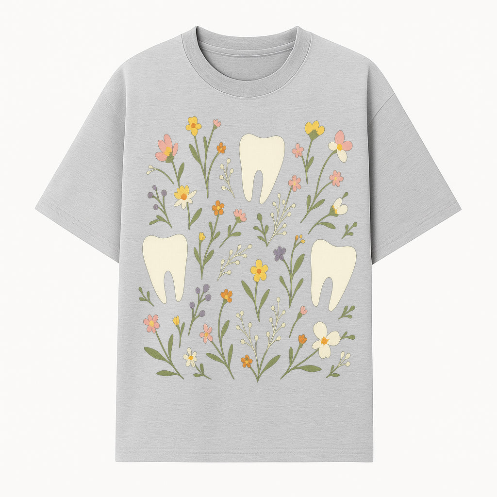 Floral Tooth Pattern Art Print | Cute Dental Decor | Tooth Fairy Nursery Wall Art | Spring Flower Design for Kids Room Decor - T-shirt 1758250106193.jpg