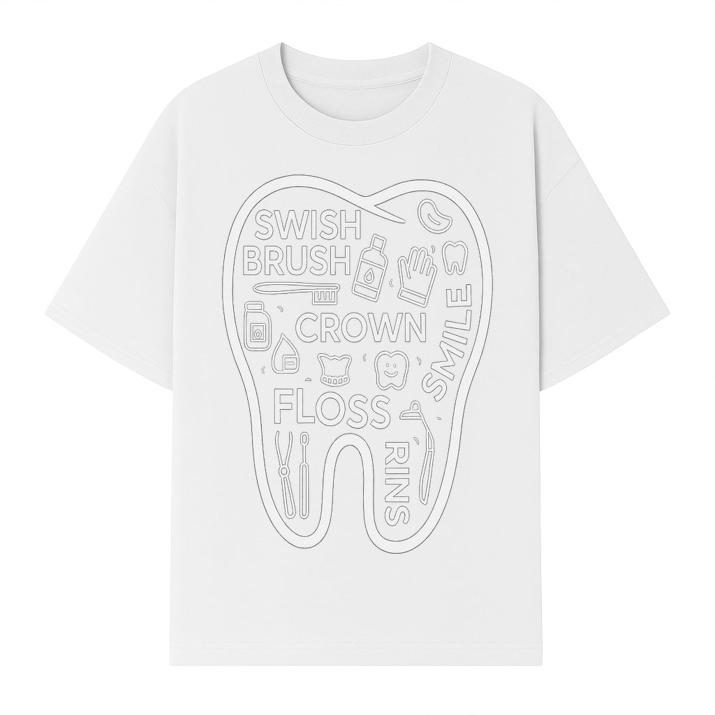 Dental Hygiene and Care Graphic Art Print - Tooth Icon with Swish, Brush, Floss, Crown, Smile Themes for Kids & Adults - T-shirt 1758250106259.jpg