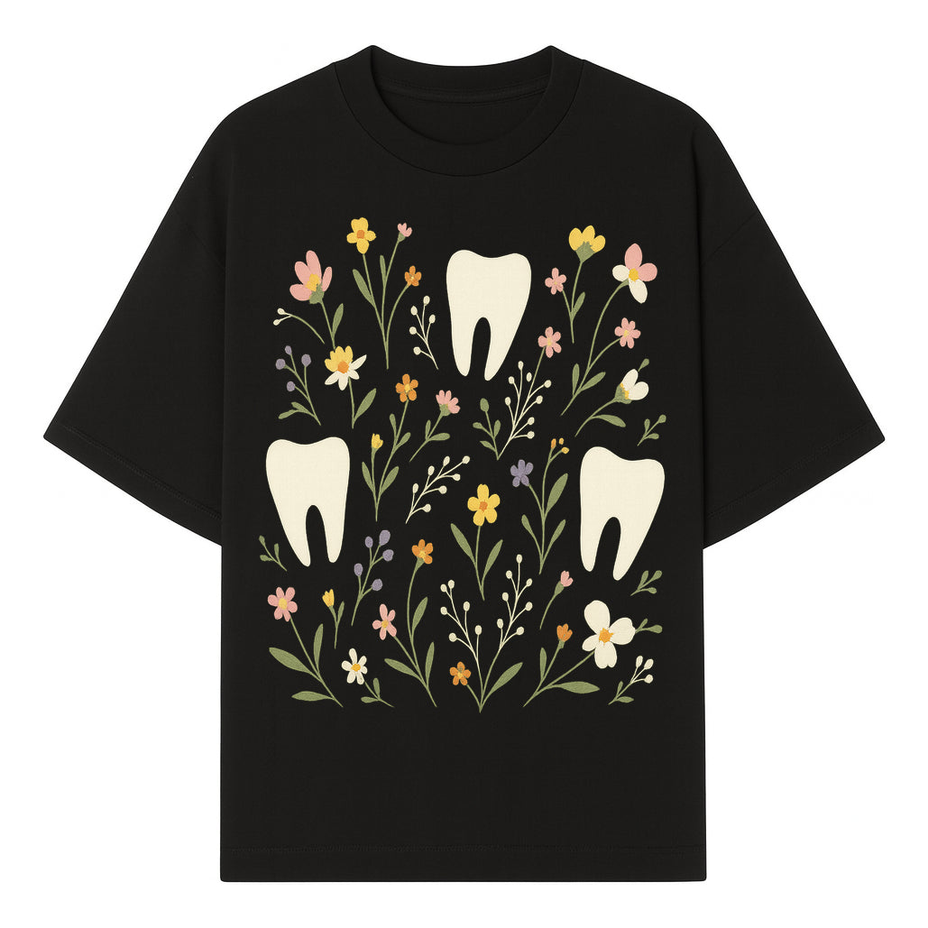 Floral Tooth Pattern Art Print | Cute Dental Decor | Tooth Fairy Nursery Wall Art | Spring Flower Design for Kids Room Decor - T-shirt 1758250106354.jpg
