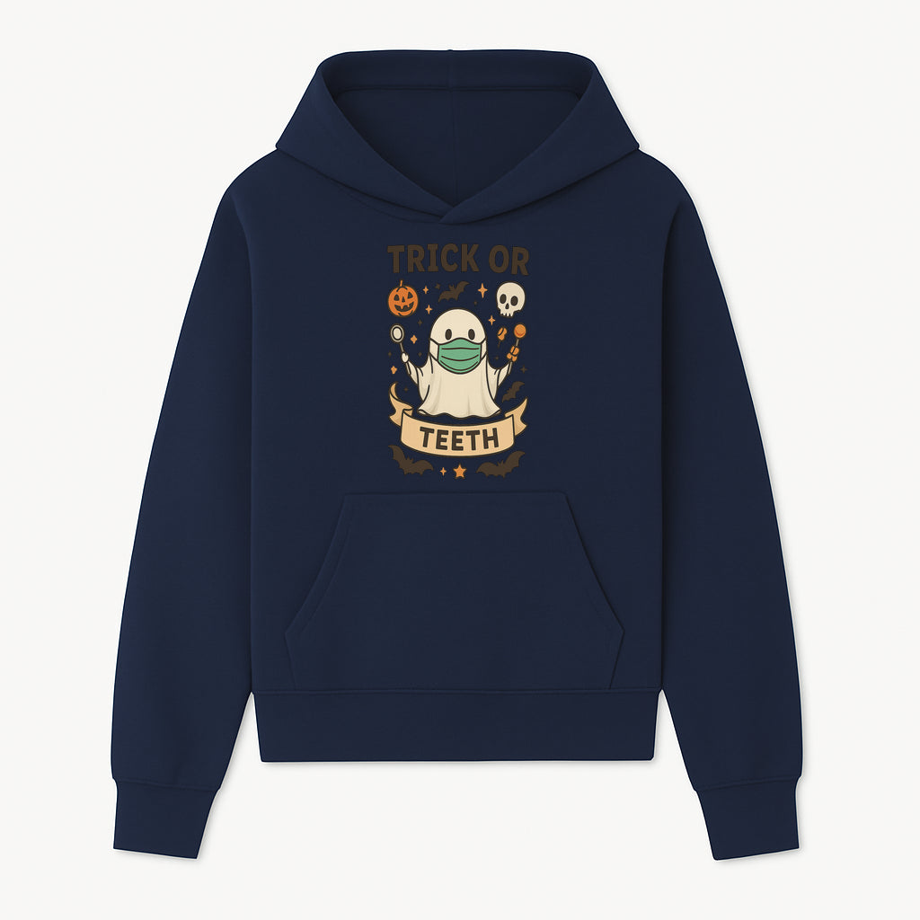 Trick or Teeth Ghost Halloween T-Shirt | Cute Spooky Design | Pumpkin & Skull Graphics | Perfect for Kids and Adults - Hoodie 1758250106405.jpg