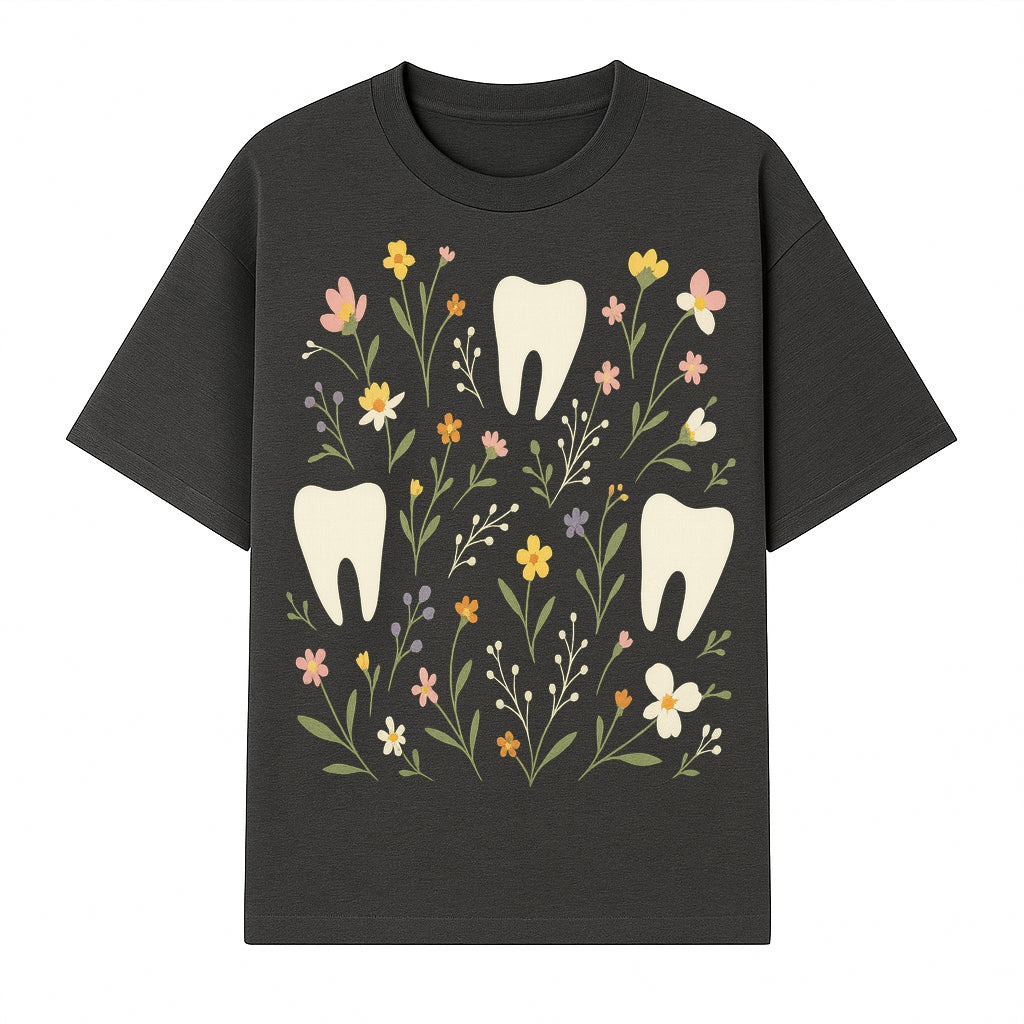 Floral Tooth Pattern Art Print | Cute Dental Decor | Tooth Fairy Nursery Wall Art | Spring Flower Design for Kids Room Decor - T-shirt 1758250106553.jpg