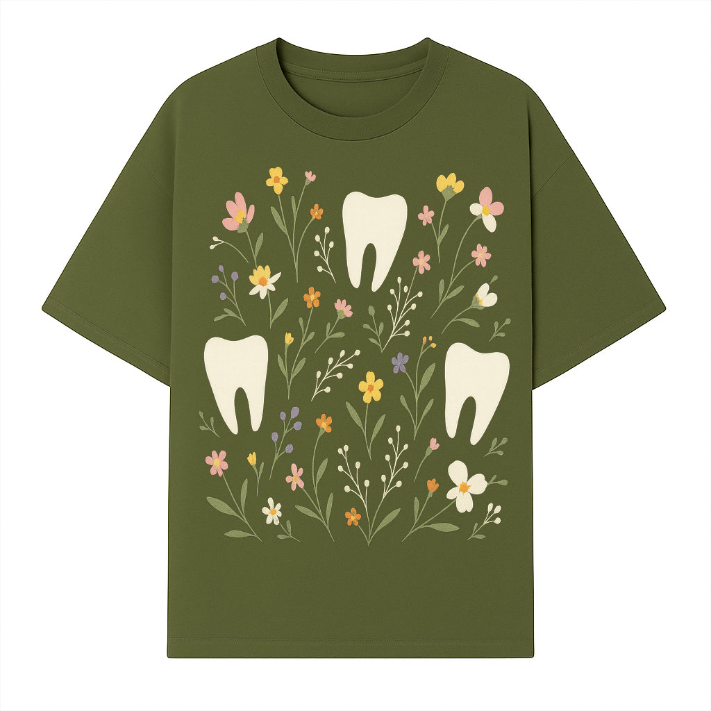 Floral Tooth Pattern Art Print | Cute Dental Decor | Tooth Fairy Nursery Wall Art | Spring Flower Design for Kids Room Decor - T-shirt 1758250106688.jpg