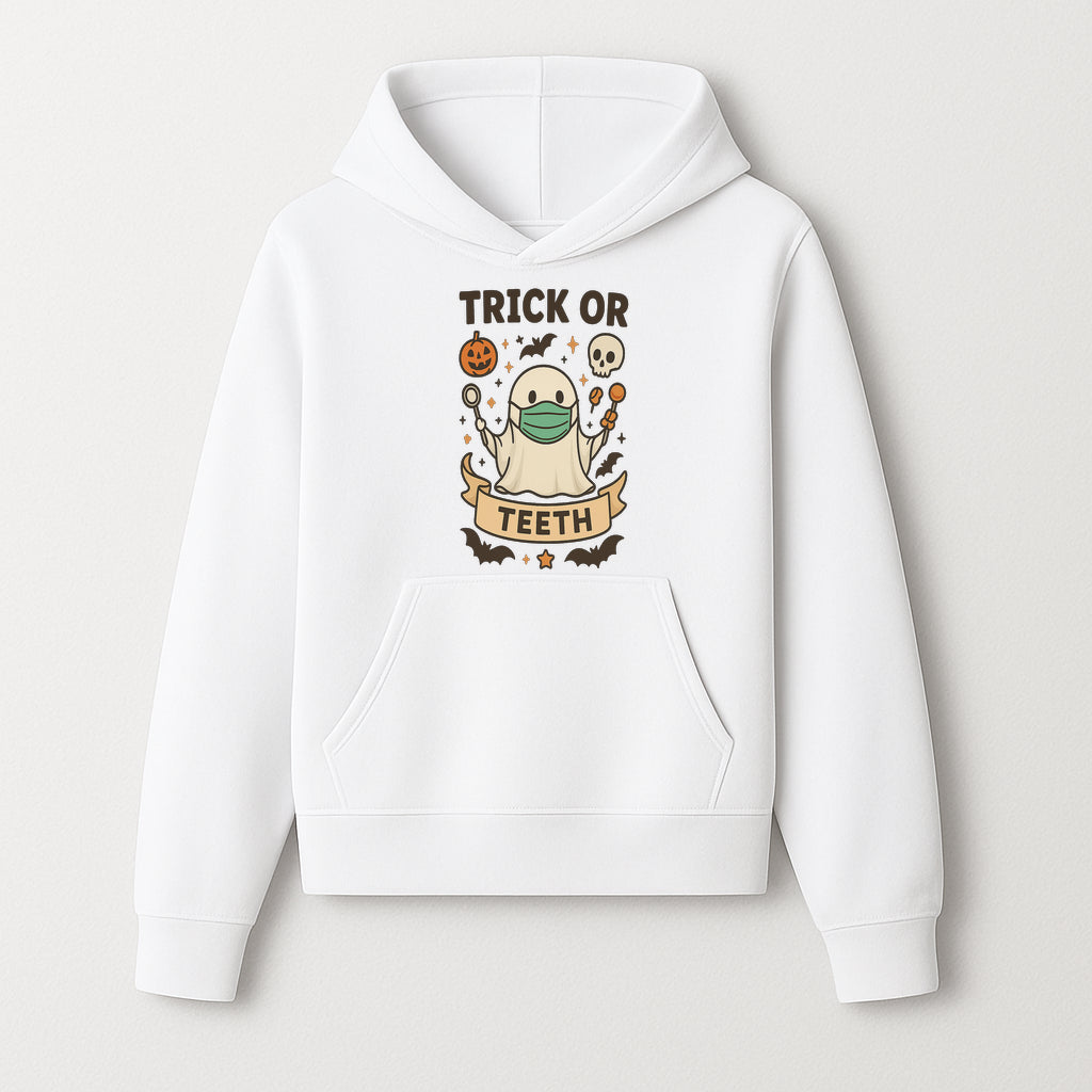 Trick or Teeth Ghost Halloween T-Shirt | Cute Spooky Design | Pumpkin & Skull Graphics | Perfect for Kids and Adults - Hoodie 1758250106821.jpg