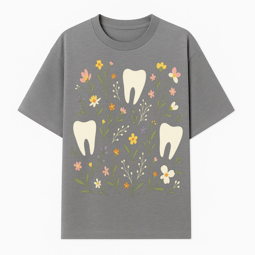 Floral Tooth Pattern Art Print | Cute Dental Decor | Tooth Fairy Nursery Wall Art | Spring Flower Design for Kids Room Decor - T-shirt 1758250106823.jpg