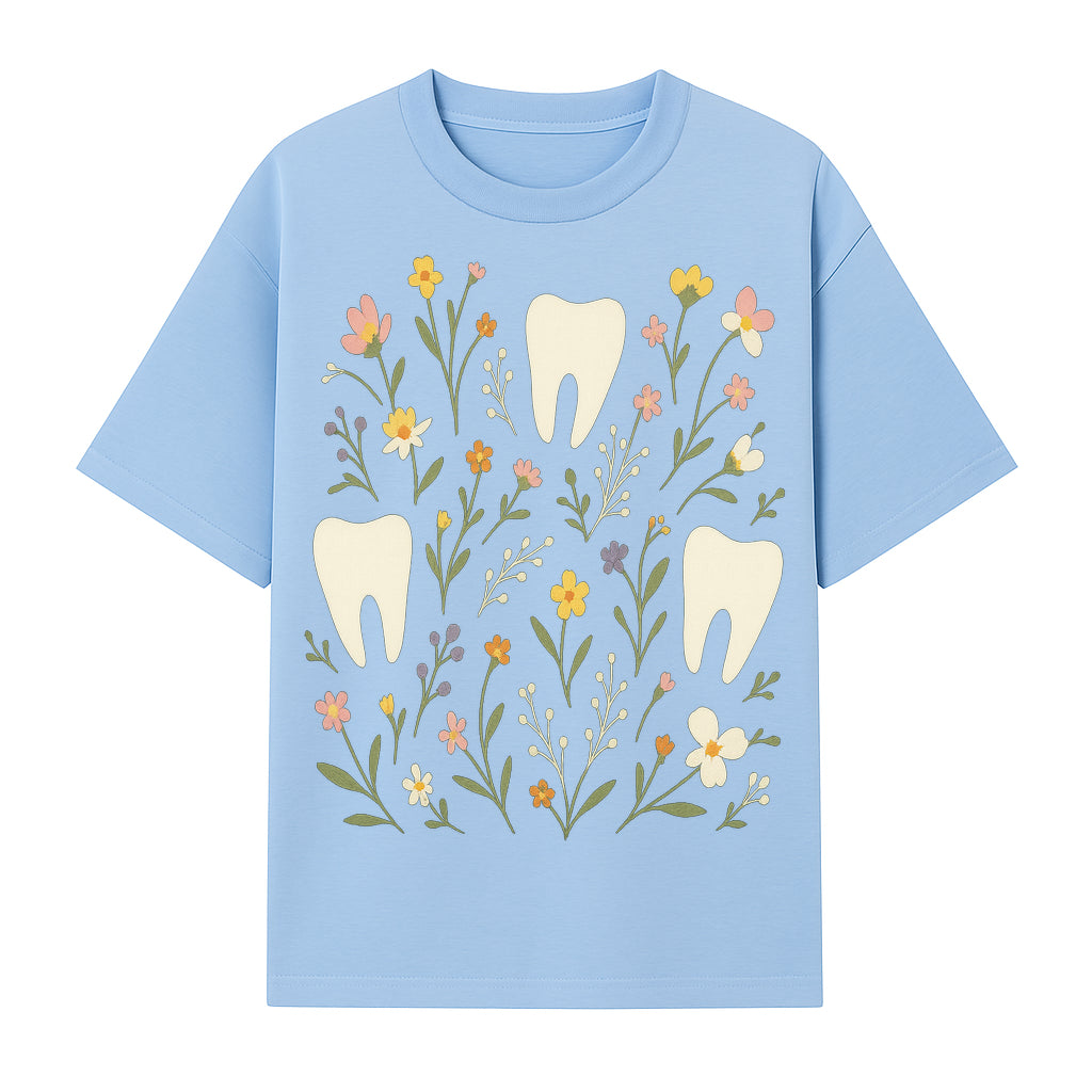Floral Tooth Pattern Art Print | Cute Dental Decor | Tooth Fairy Nursery Wall Art | Spring Flower Design for Kids Room Decor - T-shirt 1758250106961.jpg