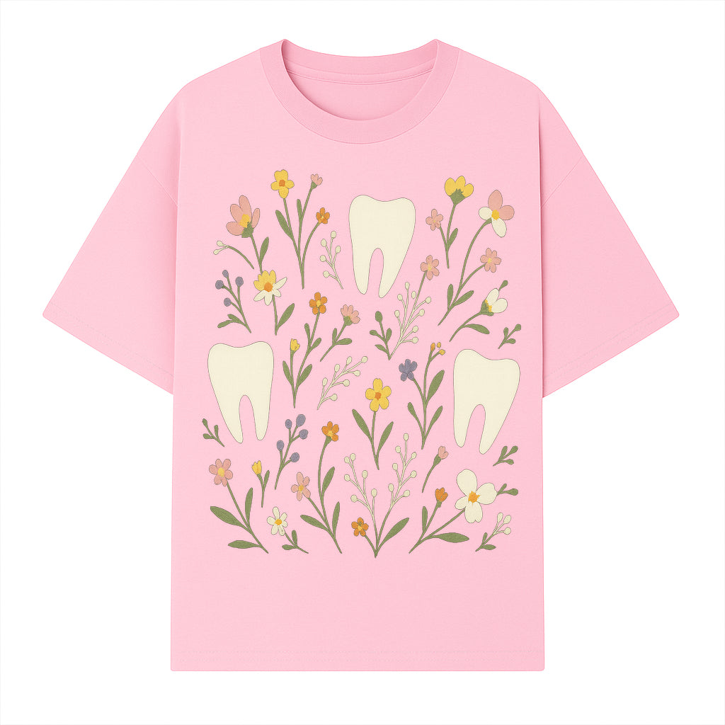 Floral Tooth Pattern Art Print | Cute Dental Decor | Tooth Fairy Nursery Wall Art | Spring Flower Design for Kids Room Decor - T-shirt 1758250107091.jpg