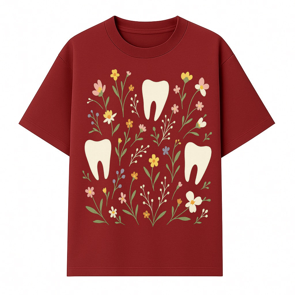 Floral Tooth Pattern Art Print | Cute Dental Decor | Tooth Fairy Nursery Wall Art | Spring Flower Design for Kids Room Decor - T-shirt 1758250107239.jpg