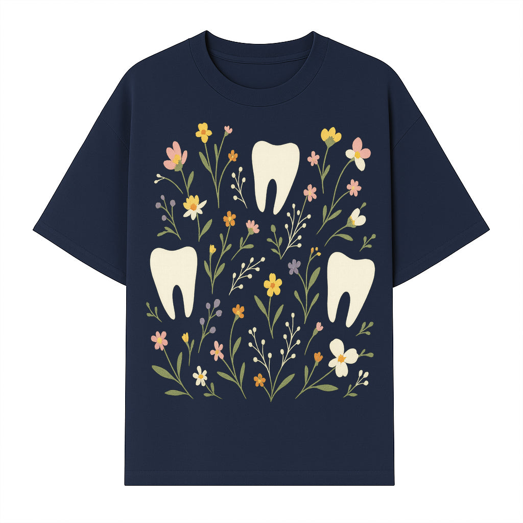 Floral Tooth Pattern Art Print | Cute Dental Decor | Tooth Fairy Nursery Wall Art | Spring Flower Design for Kids Room Decor - T-shirt 1758250107414.jpg