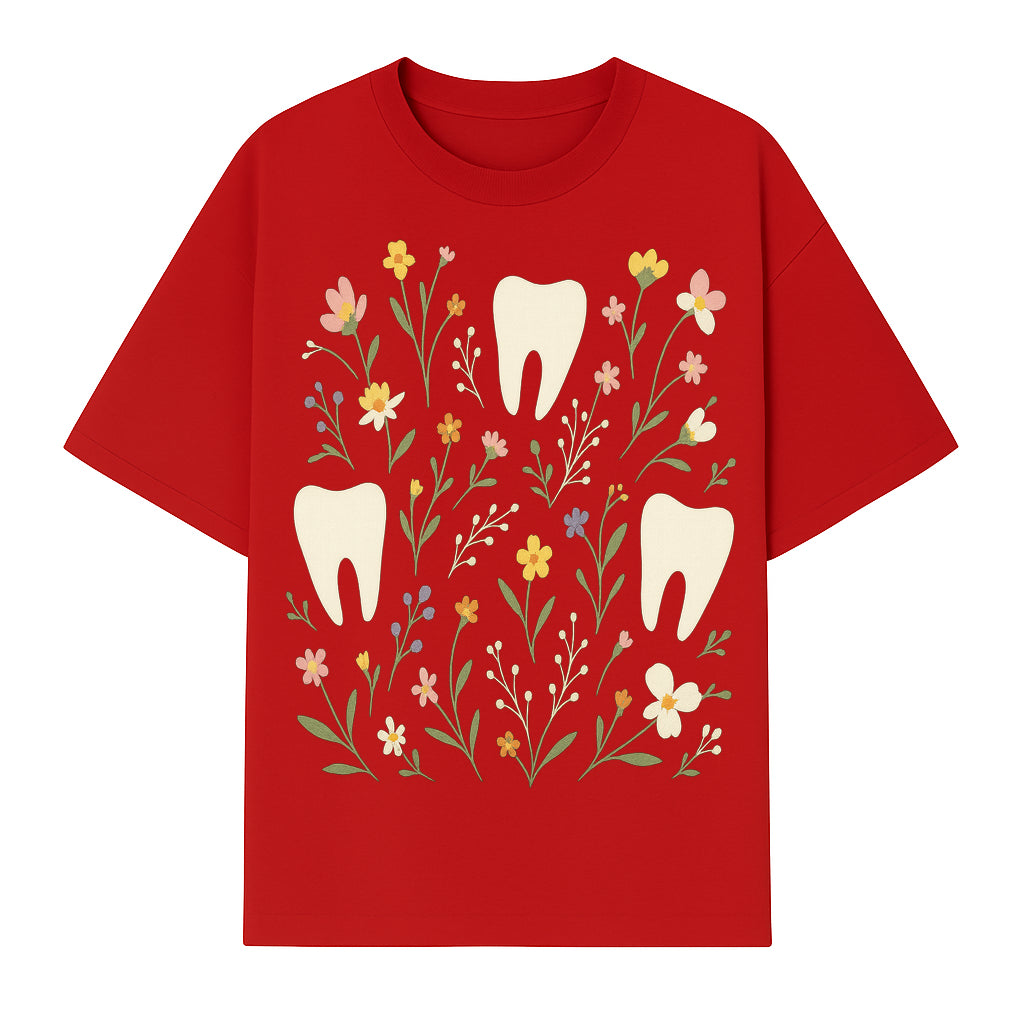 Floral Tooth Pattern Art Print | Cute Dental Decor | Tooth Fairy Nursery Wall Art | Spring Flower Design for Kids Room Decor - T-shirt 1758250107567.jpg