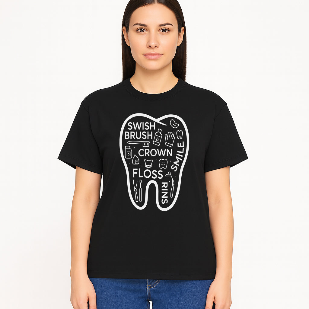 Dental Hygiene and Care Graphic Art Print - Tooth Icon with Swish, Brush, Floss, Crown, Smile Themes for Kids & Adults - T-shirt 1758250107587.jpg