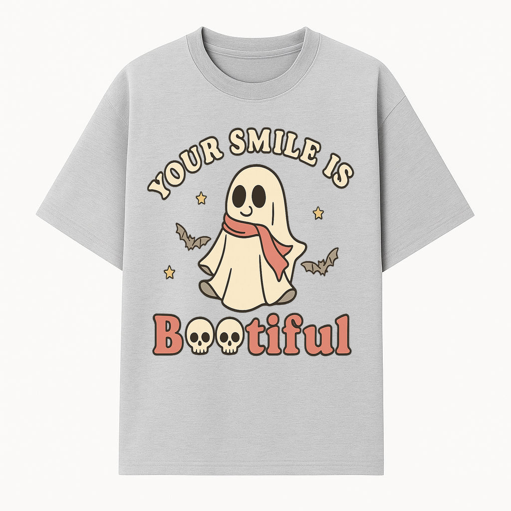 Cute Ghost Your Smile is Bootiful Halloween Design T-Shirt, Spooky Graphic Tee for Kids and Adults, Fun Autumn Apparel - T-shirt 1758250107609.jpg