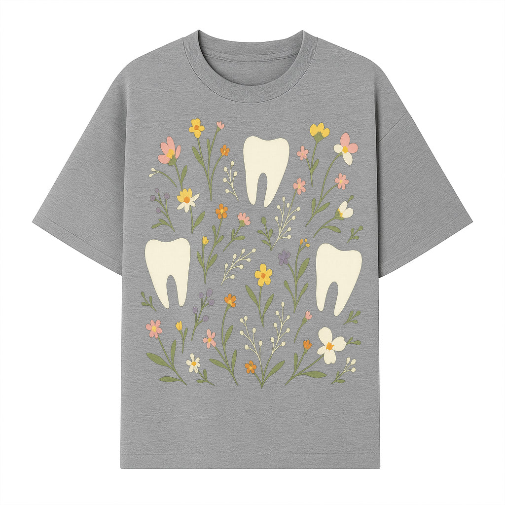 Floral Tooth Pattern Art Print | Cute Dental Decor | Tooth Fairy Nursery Wall Art | Spring Flower Design for Kids Room Decor - T-shirt 1758250107716.jpg