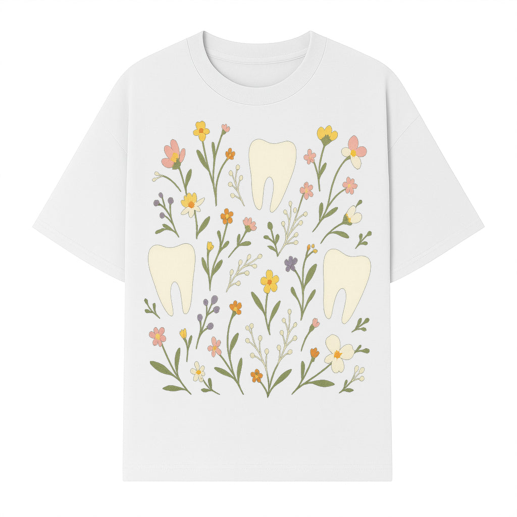 Floral Tooth Pattern Art Print | Cute Dental Decor | Tooth Fairy Nursery Wall Art | Spring Flower Design for Kids Room Decor - T-shirt 1758250107860.jpg