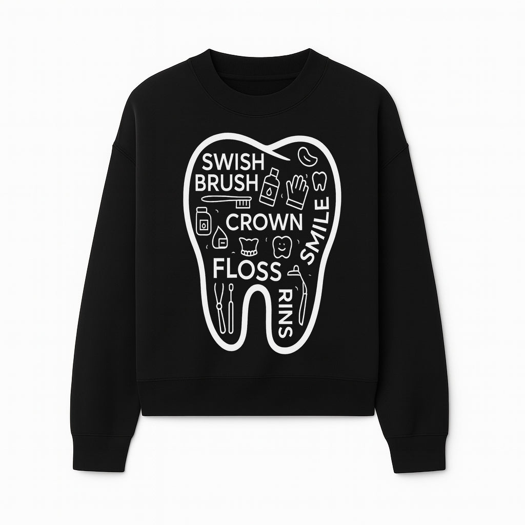 Dental Hygiene and Care Graphic Art Print - Tooth Icon with Swish, Brush, Floss, Crown, Smile Themes for Kids & Adults - Sweatshirt 1758250107919.jpg